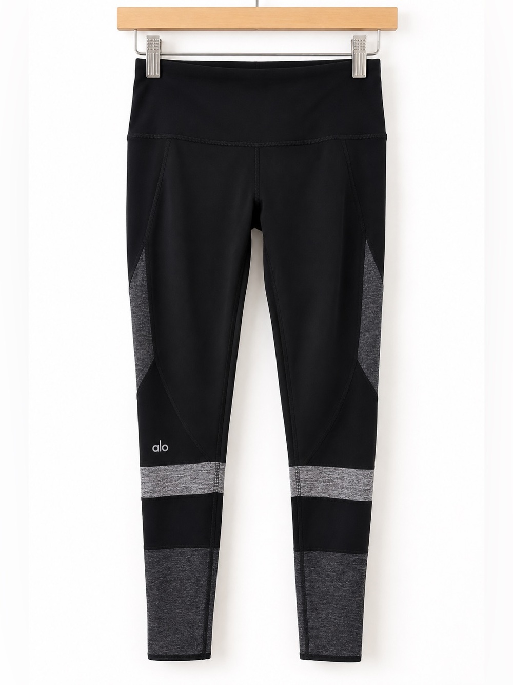 ALO Yoga Black Gray Colorblock Leggings S High Rise Contrast Panel